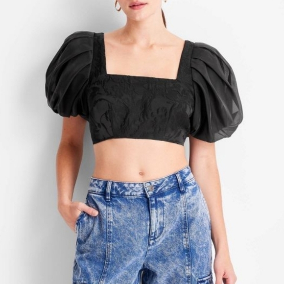 Future Collective Black Organza Puff Sleeve Crop Top - Picture 3 of 11
